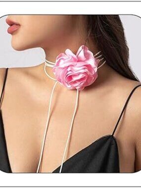 Pink Rose Flower Choker Necklace  Wedding Prom Boho